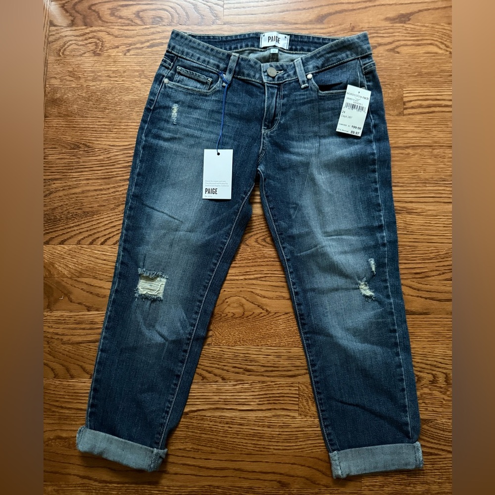 NWT PAIGE Jimmy Jimmy Crop Blue Denim Jeans Distressed Kendall Stretch 24